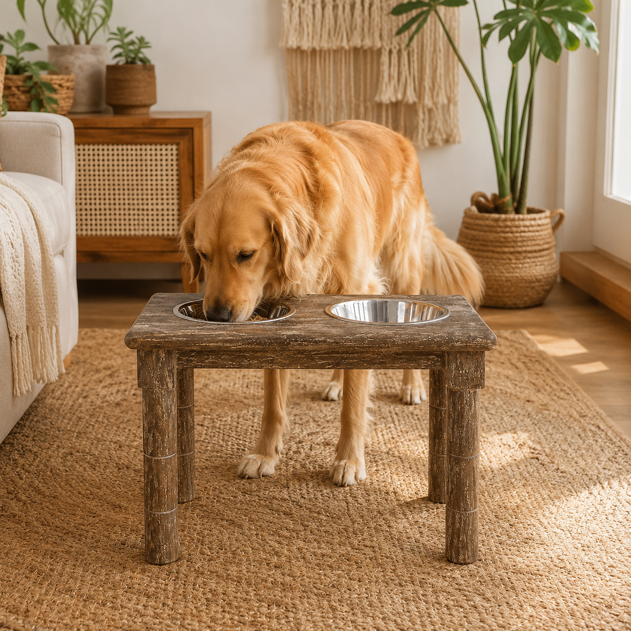 Adult golden retriever using the full-height adjustable raised dog feeder in a bohemian living room