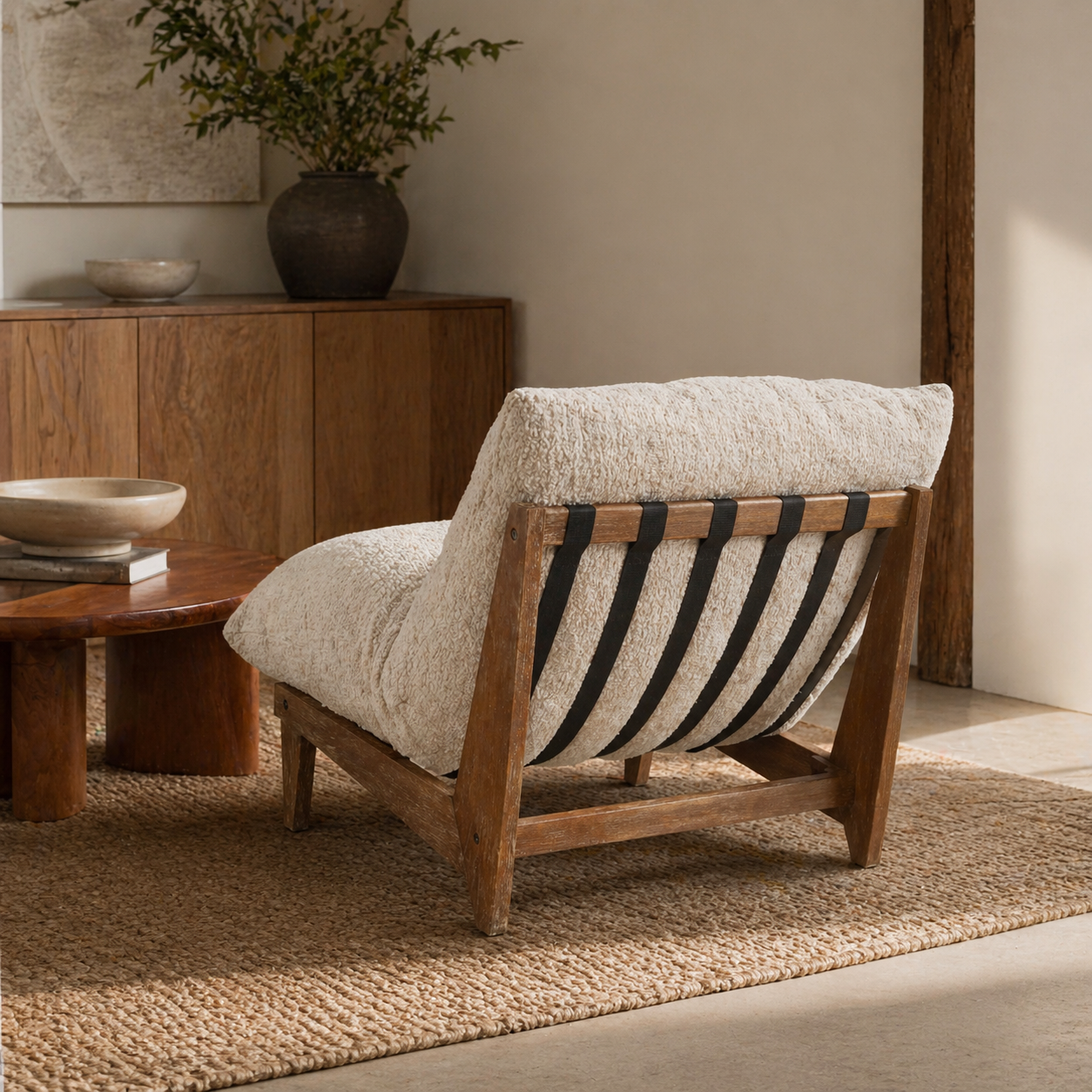 Cream plush lounge chair with acacia wood frame back view