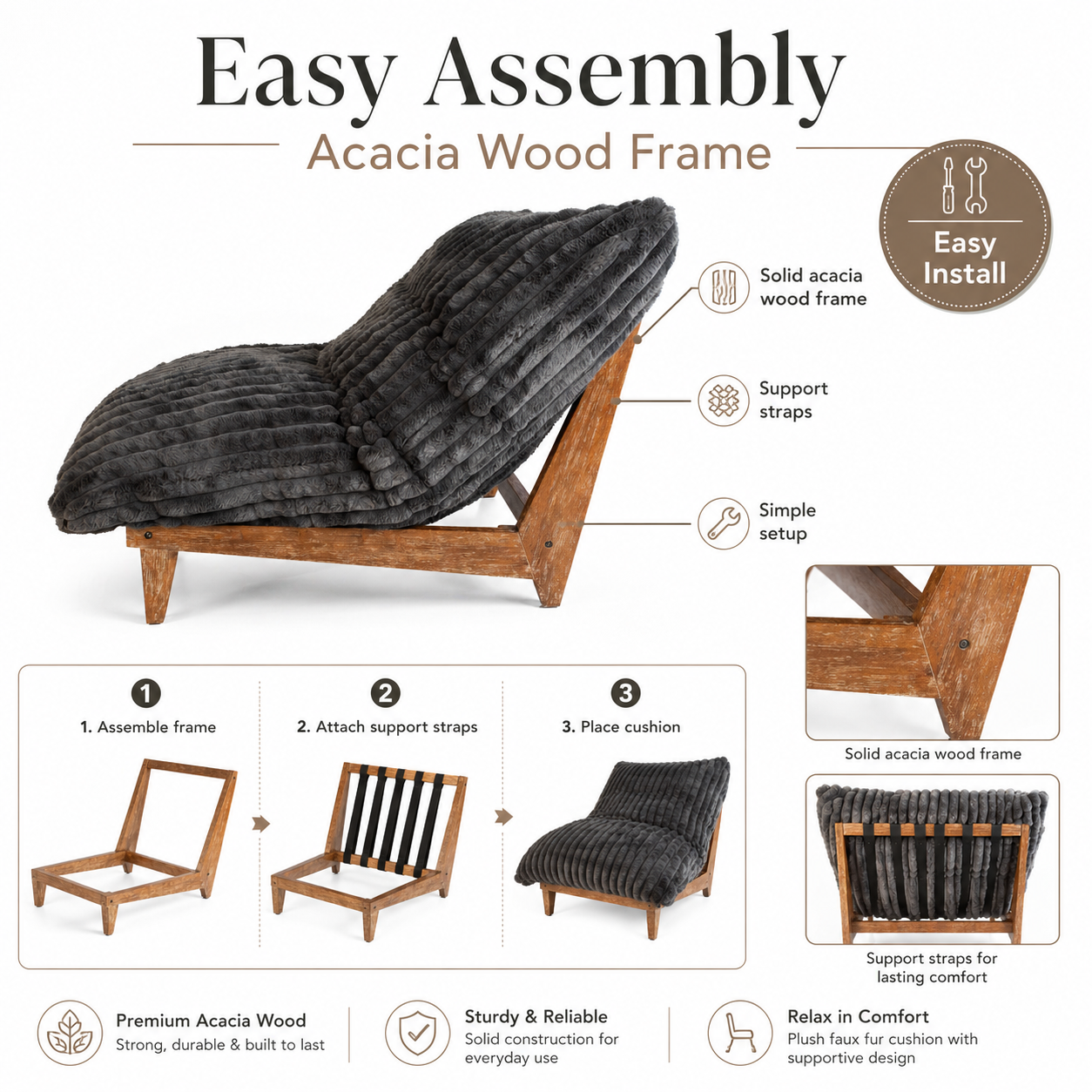 Gray plush lounge chair easy assembly guide with acacia wood frame