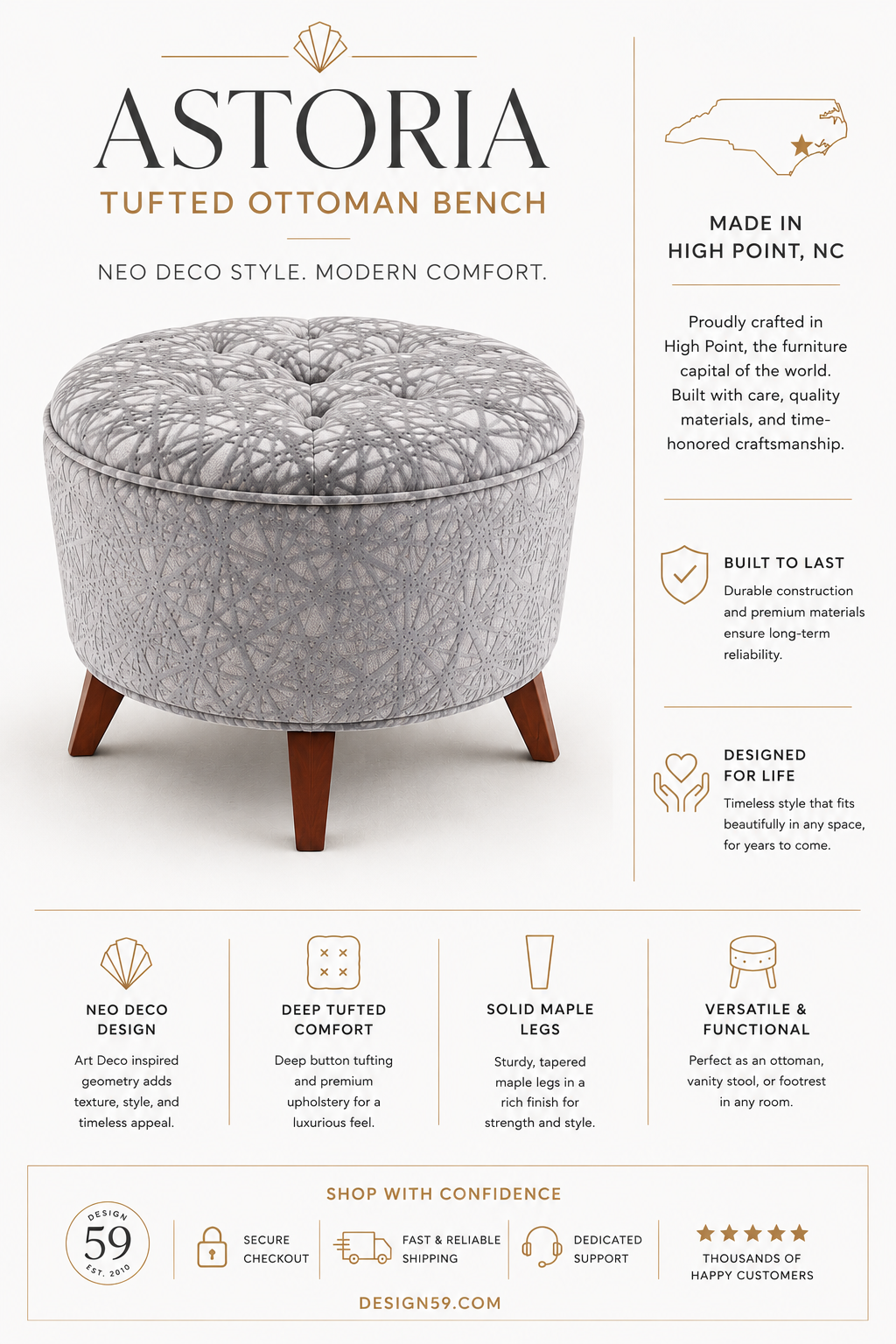 Silver Astoria tufted ottoman bench infographic highlighting made in High Point NC and brand trust signals