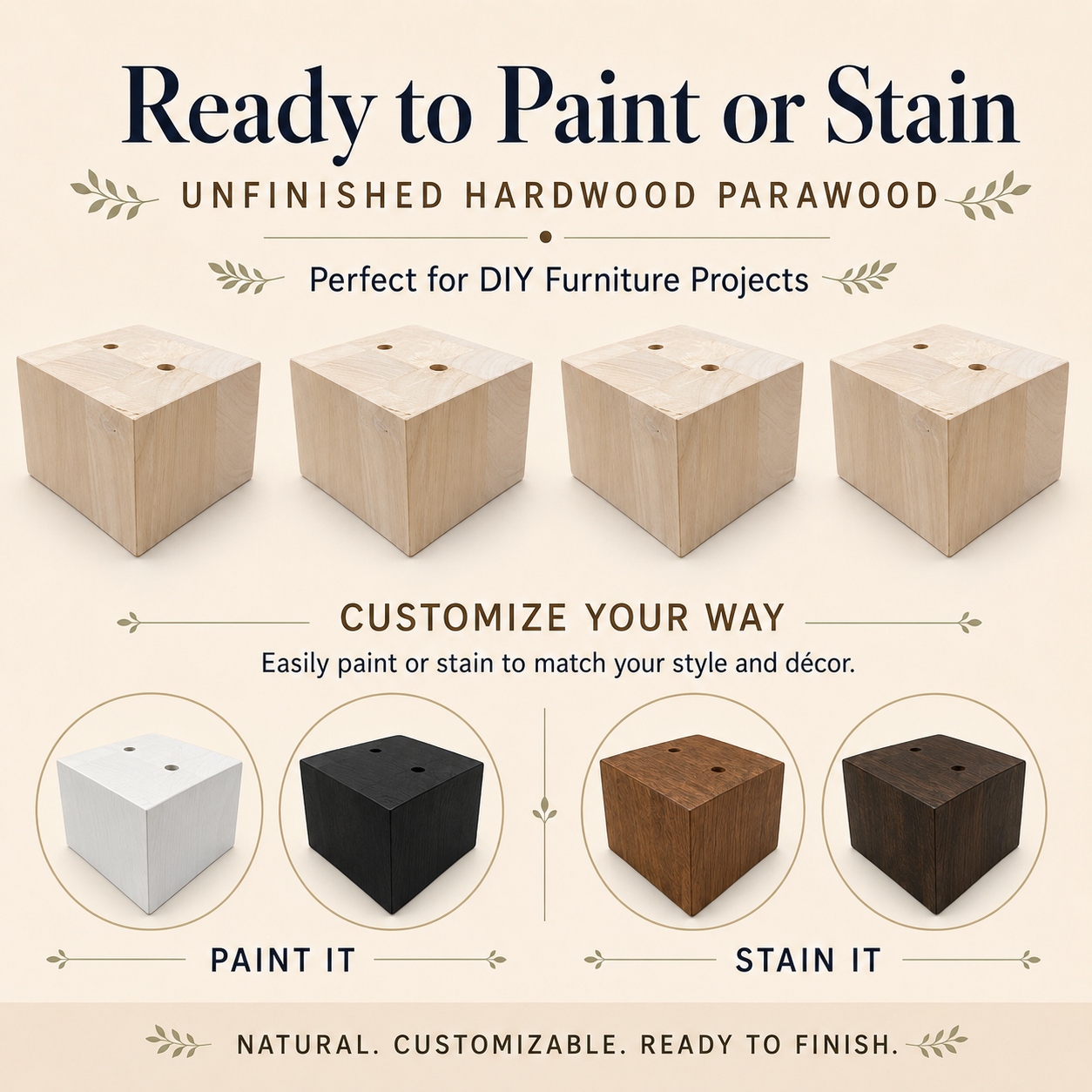 Unfinished hardwood parawood square block sofa legs shown with paint and stain finish examples.