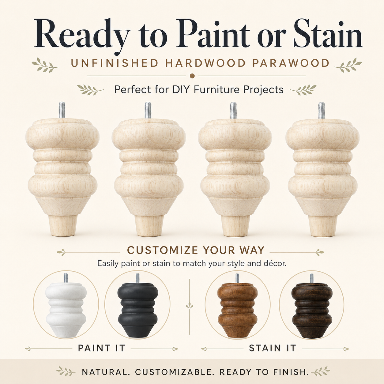 Unfinished hardwood parawood sofa legs ready to paint or stain with customizable finish options for DIY furniture projects