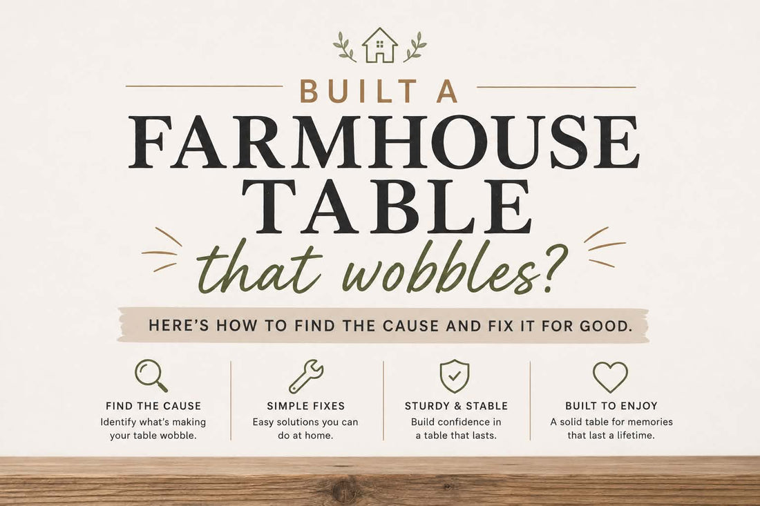 Farmhouse table wobble diagnostic guide showing table base stability and furniture repair tips