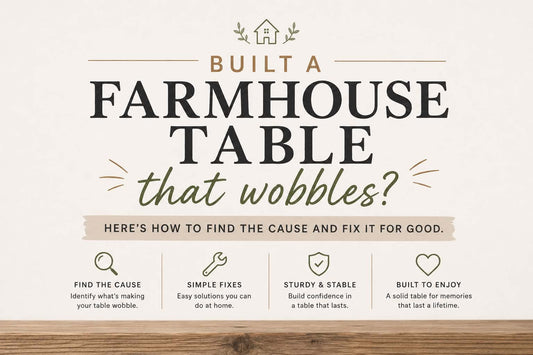 Farmhouse table wobble diagnostic guide showing table base stability and furniture repair tips