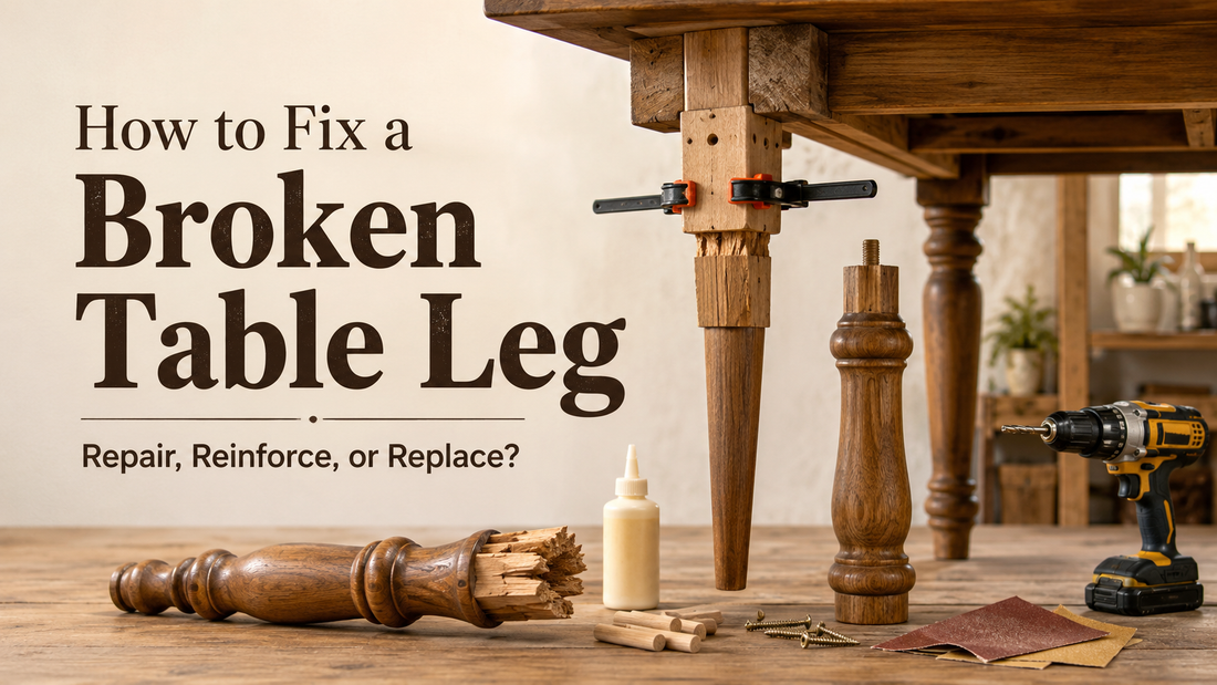 Broken table leg repair guide showing furniture leg reinforcement and replacement tips