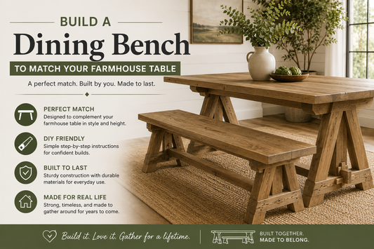 Dining bench build guide showing farmhouse bench legs and matching table design