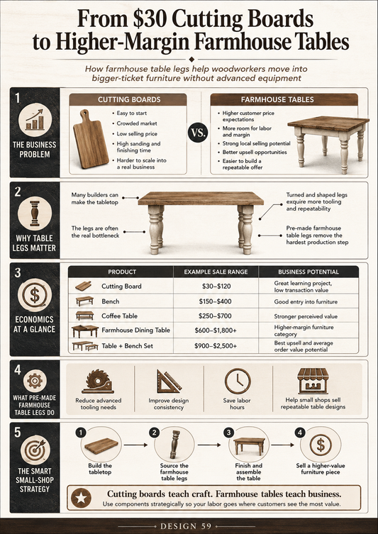 Cutting boards to higher margin farmhouse tables infographic showing how pre-made farmhouse table legs help woodworkers build higher-value furniture without advanced equipment