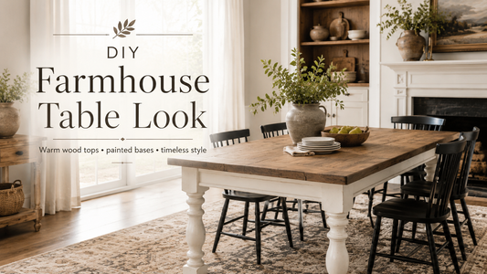 DIY farmhouse table look hero graphic showing a warm wood dining table top painted cream base chunky turned legs and timeless farmhouse dining room style