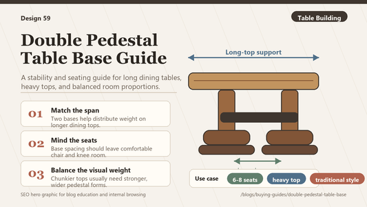 Double pedestal table base infographic showing long-table support, pedestal spacing, knee clearance, heavy tops, and dining table stability