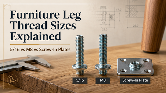 Furniture leg thread sizes explained hero image comparing 5/16 hanger bolts M8 hanger bolts and screw-in mounting plates for furniture legs