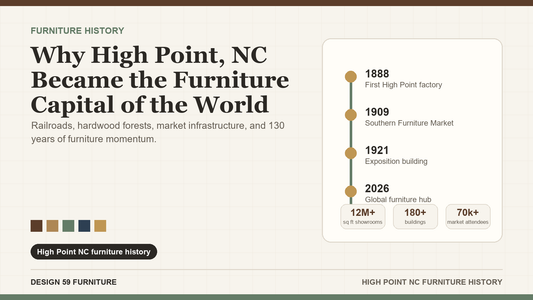 High Point NC furniture capital infographic showing furniture market scale, hardwood forests, rail access, and furniture manufacturing history