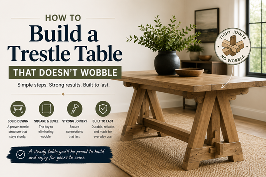 Trestle table building guide showing stable wood table base construction and anti-wobble design