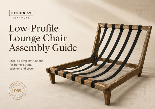 Design 59 low-profile lounge chair assembly guide hero graphic showing the wood frame and support straps