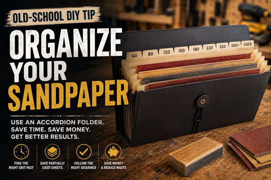 Old school DIY tip hero image showing sandpaper organized by grit in an accordion folder for woodworking and furniture finishing