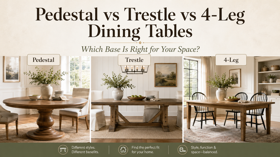 Pedestal vs trestle vs 4-leg dining table base comparison showing pedestal, trestle, and four-leg dining table styles