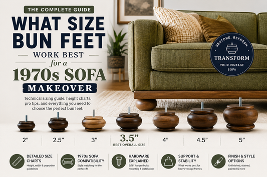 Technical guide graphic for choosing bun feet for a 1970s sofa makeover