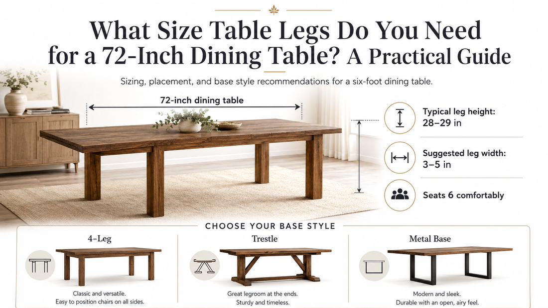 What size table legs do you need for a 72-inch dining table guide showing leg height, leg width, seating, and base style options