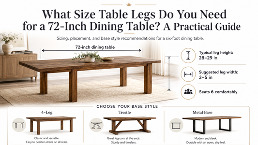 What size table legs do you need for a 72-inch dining table guide showing leg height, leg width, seating, and base style options