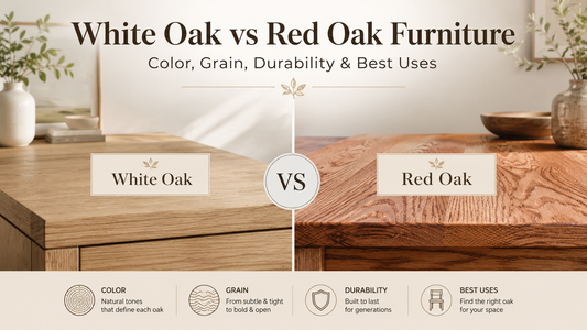 White oak vs red oak furniture comparison hero graphic showing color grain durability and best uses for oak furniture