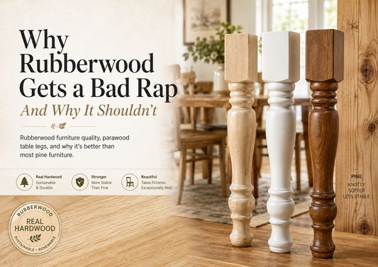 Why rubberwood furniture is good guide showing parawood table legs, painted farmhouse table legs, stained rubberwood legs, and pine comparison