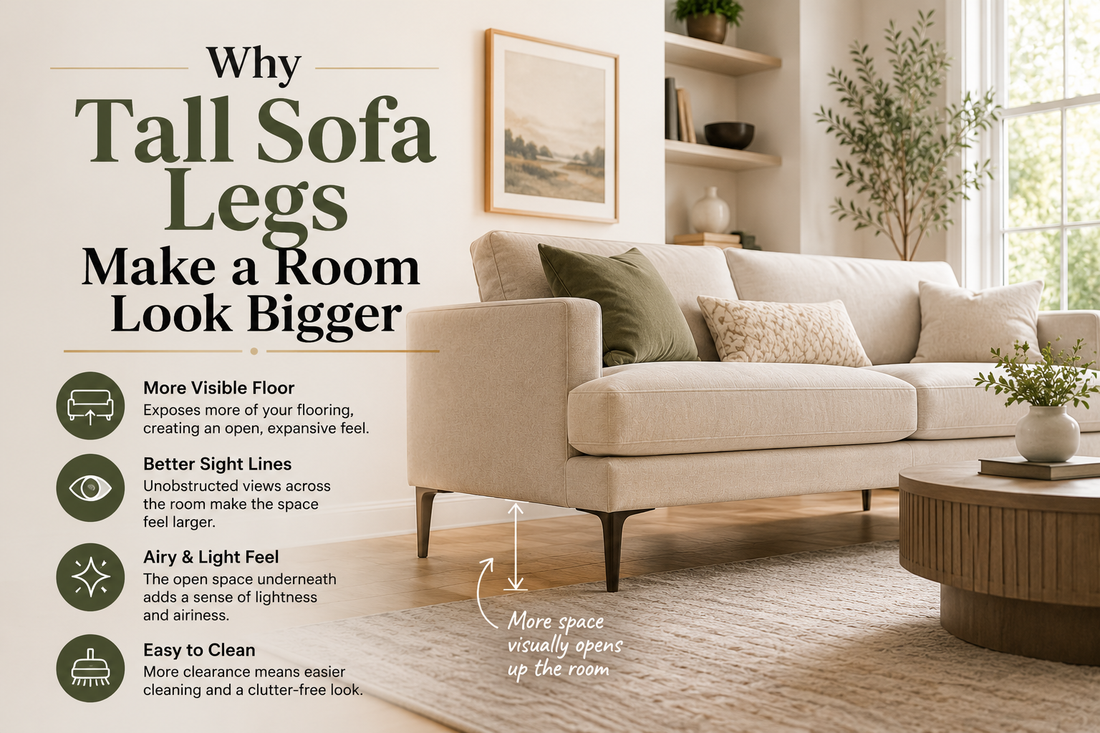 Tall sofa legs guide showing how raised furniture legs can make small rooms look bigger