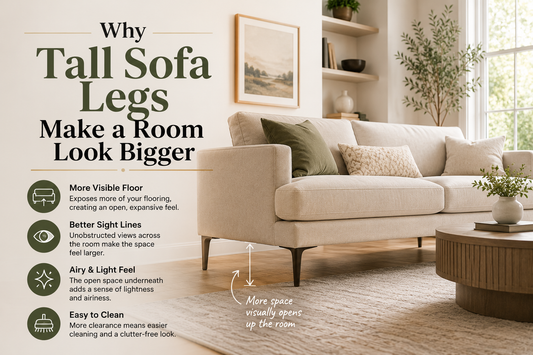 Tall sofa legs guide showing how raised furniture legs can make small rooms look bigger
