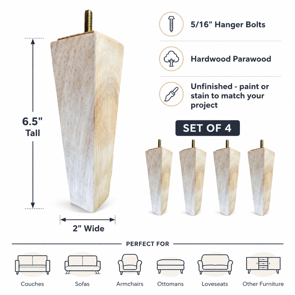 Pyramid sofa leg dimensions guide for 6.5 inch square tapered wood furniture legs