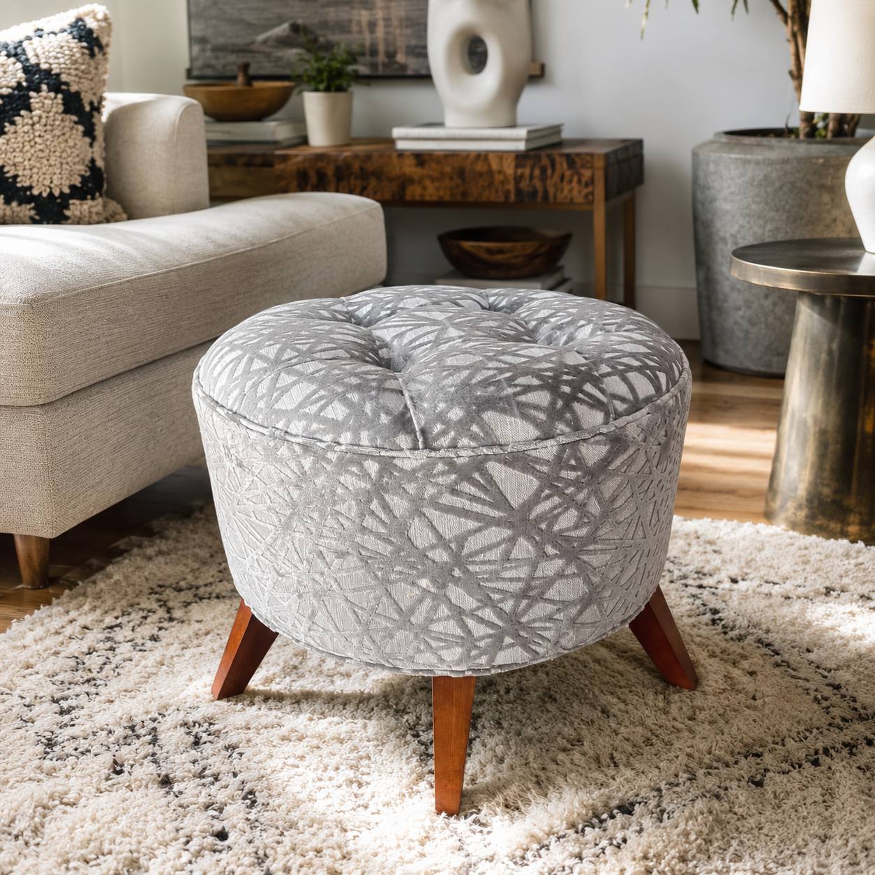 Silver Astoria Tufted Ottoman Bench
