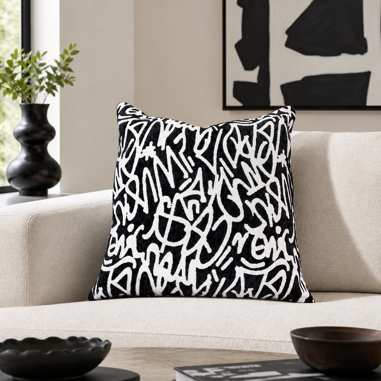 Black and white abstract painterly throw pillow covers, 22 inch square set of 2, modern art-forward design
