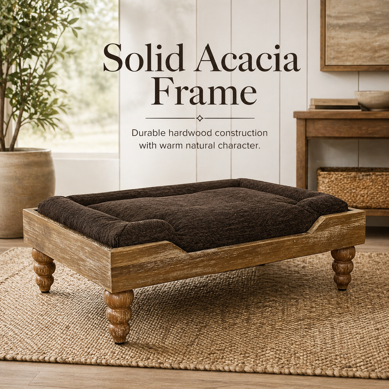 Large Washed Oak Dog Bed | Chocolate Cushion