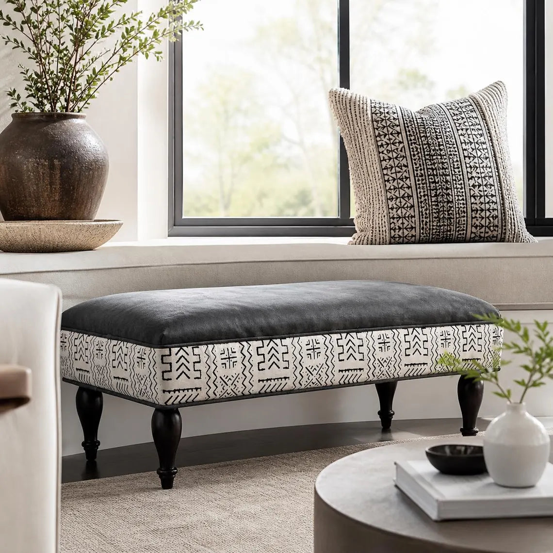 Bohemian mud cloth upholstered bench with grey leather accent for eclectic interiors