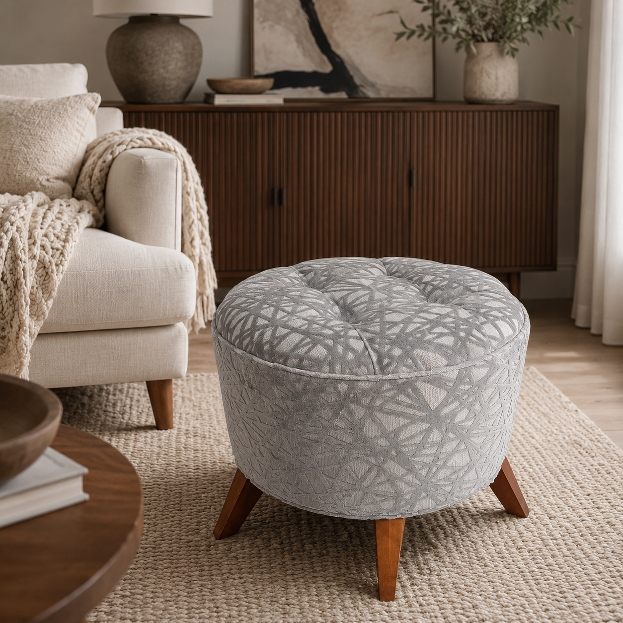 Silver Astoria Tufted Ottoman Bench