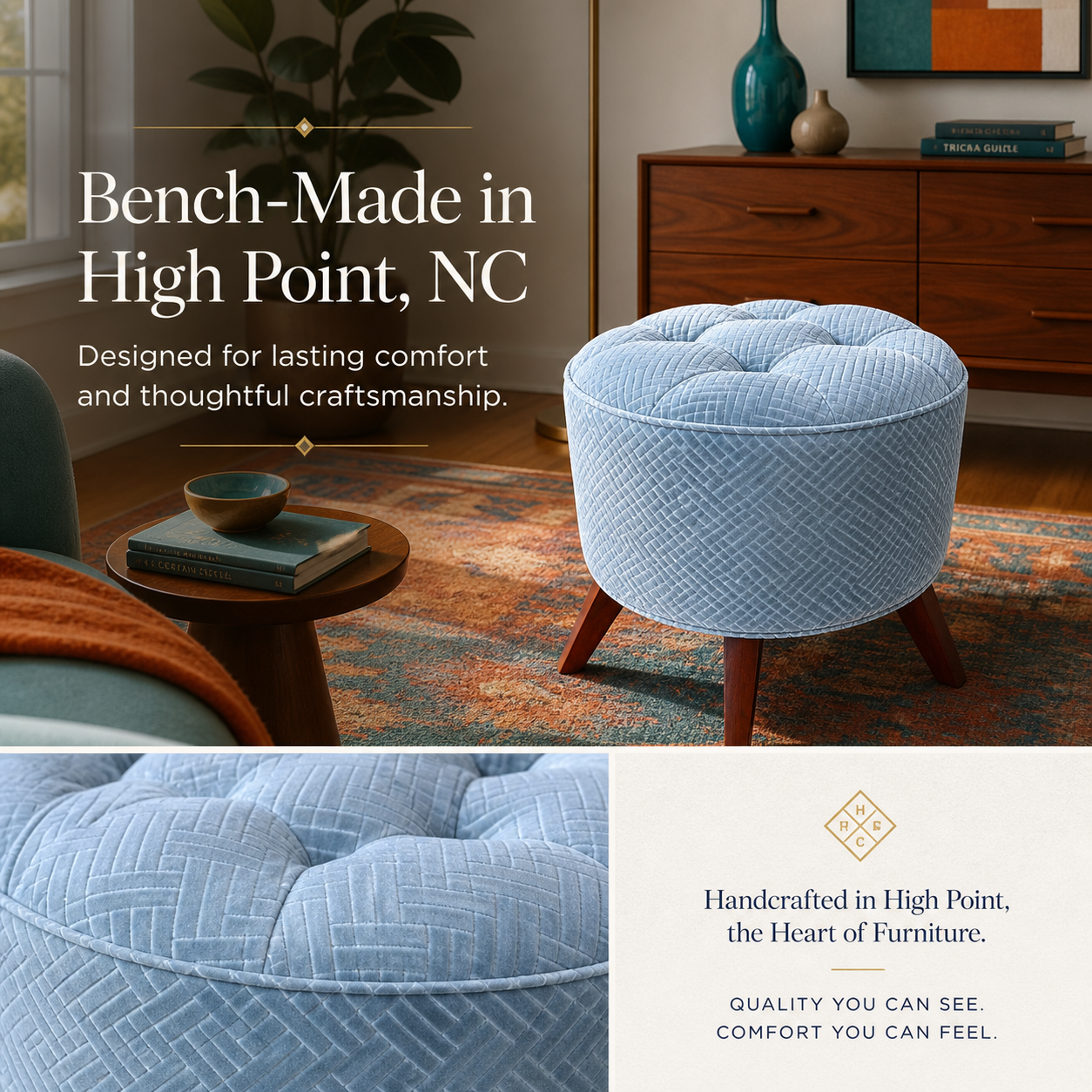 Light Blue Tufted Velvet Pouf Ottoman - 23 Inch Round Bench-Made in High Point NC