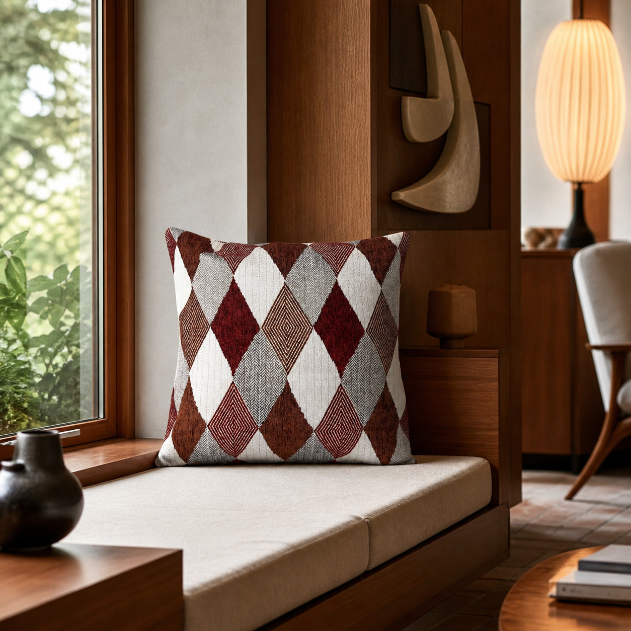 Decorative pillow with a geometric pattern on a couch in a living room setting.