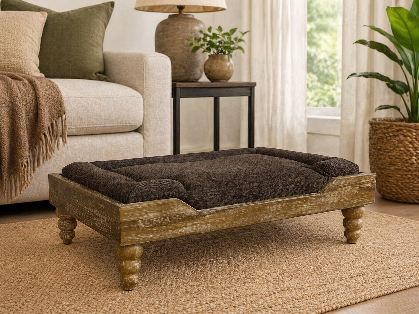 Large Washed Oak Dog Bed | Chocolate Cushion