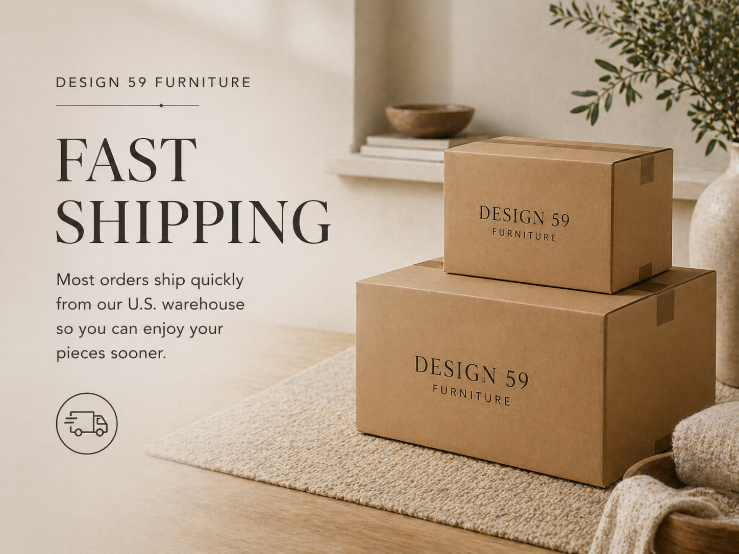 Two cardboard boxes with 'Design 59 Furniture' branding on a wooden floor in a home setting.