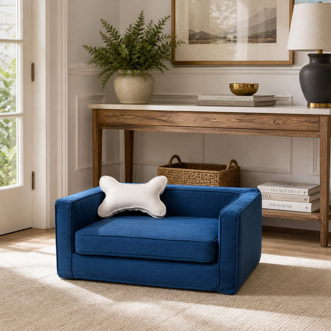 Navy Slipcover Dog Bed - Bolstered Pet Sofa with Washable Cover