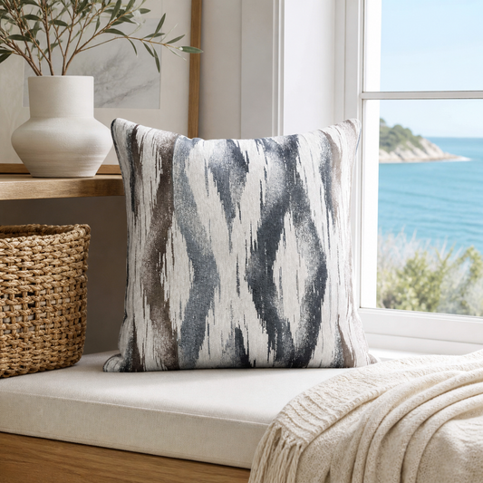Coastal abstract throw pillow covers in blue, charcoal, taupe, and ivory tones, 22 inch square set of 2