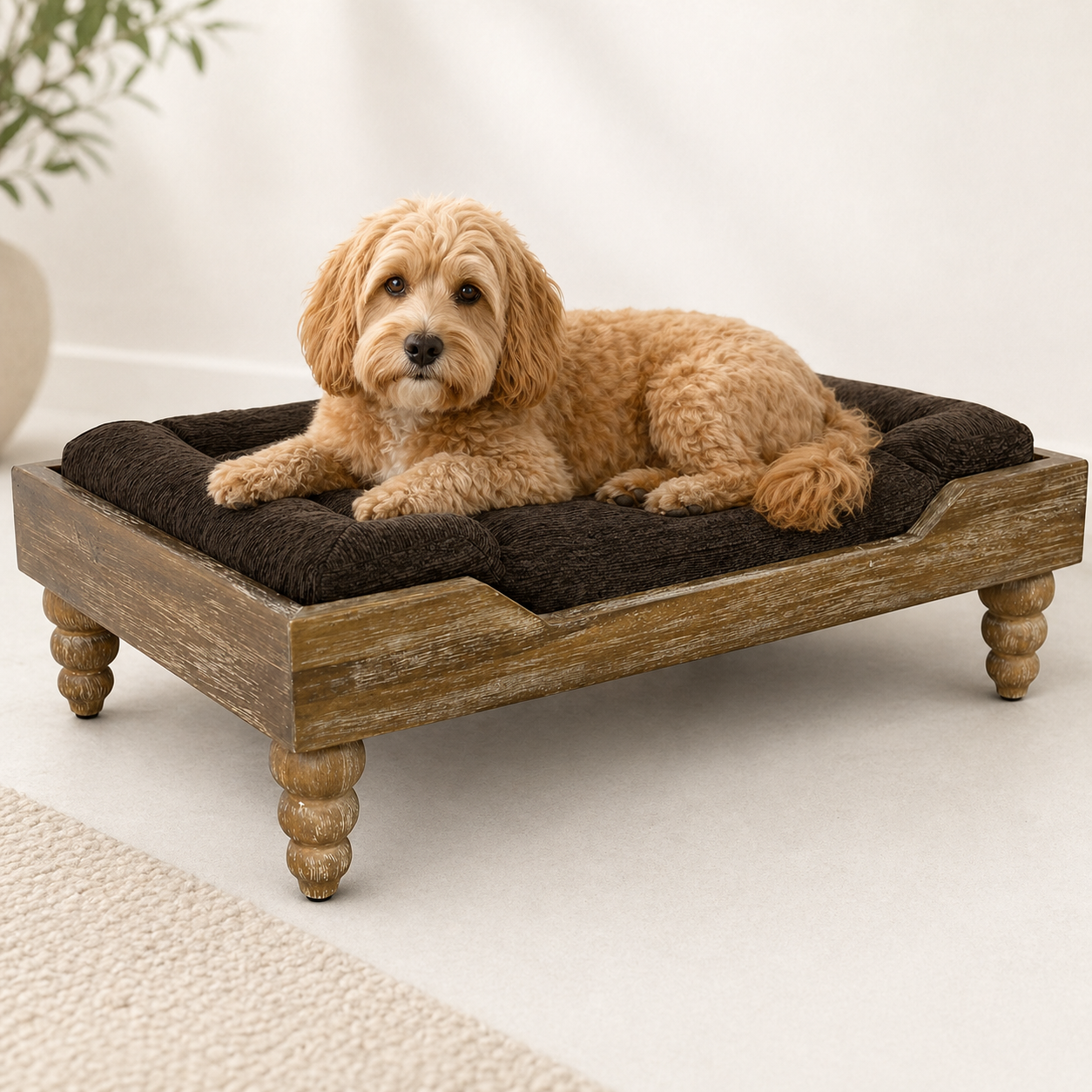 Large Washed Oak Dog Bed | Chocolate Cushion