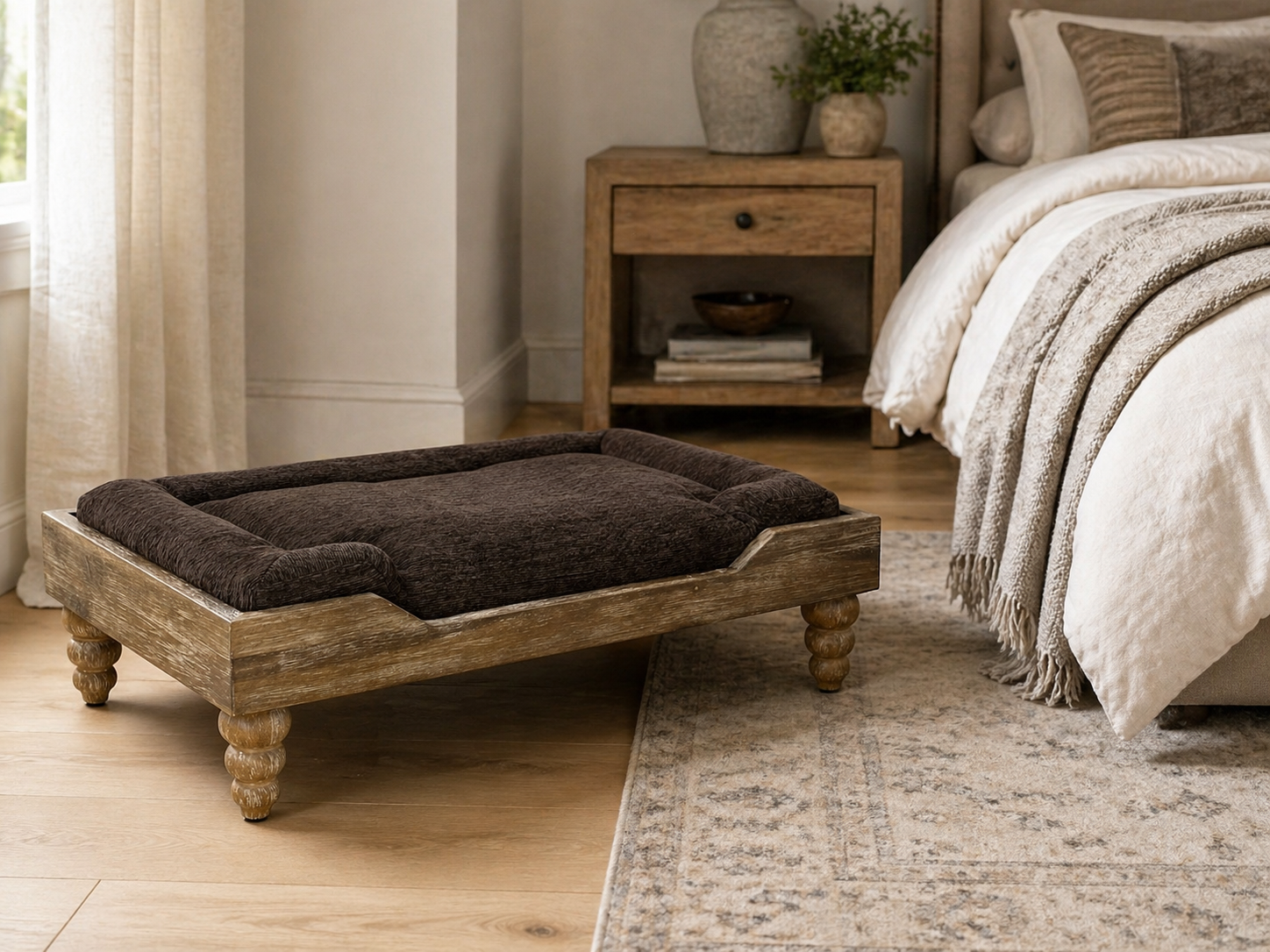 Large Washed Oak Dog Bed | Chocolate Cushion