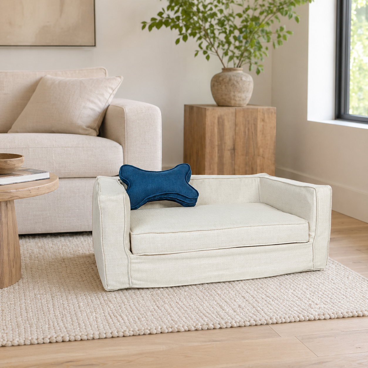 White pearl pet sofa with blue bone pillow for living room dog bed styling
