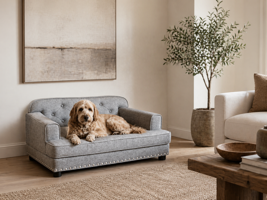 Lola tufted upholstered dog sofa in gray with shelter-arm silhouette, button-tufted backrest, and nailhead trim