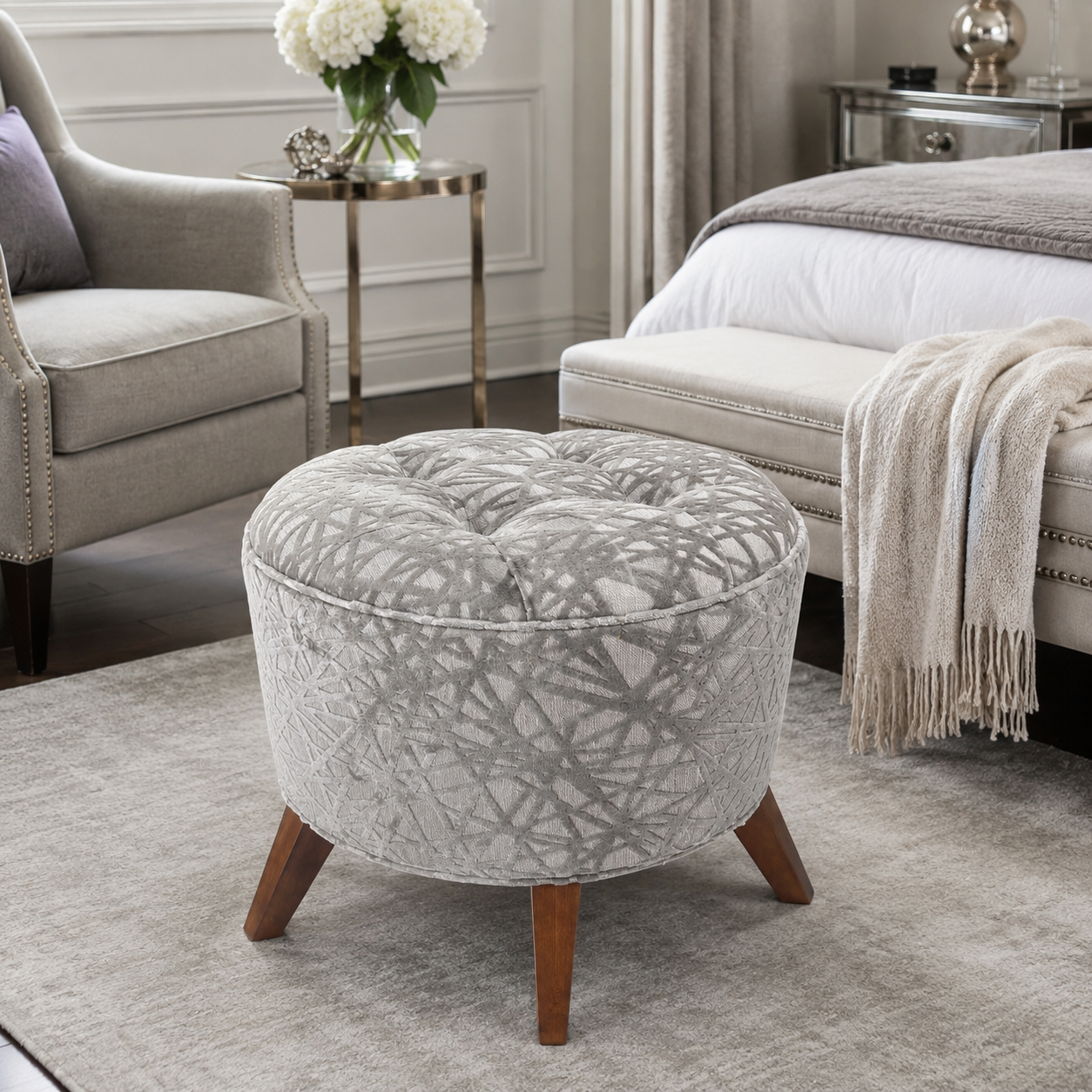 Silver Astoria Tufted Ottoman Bench