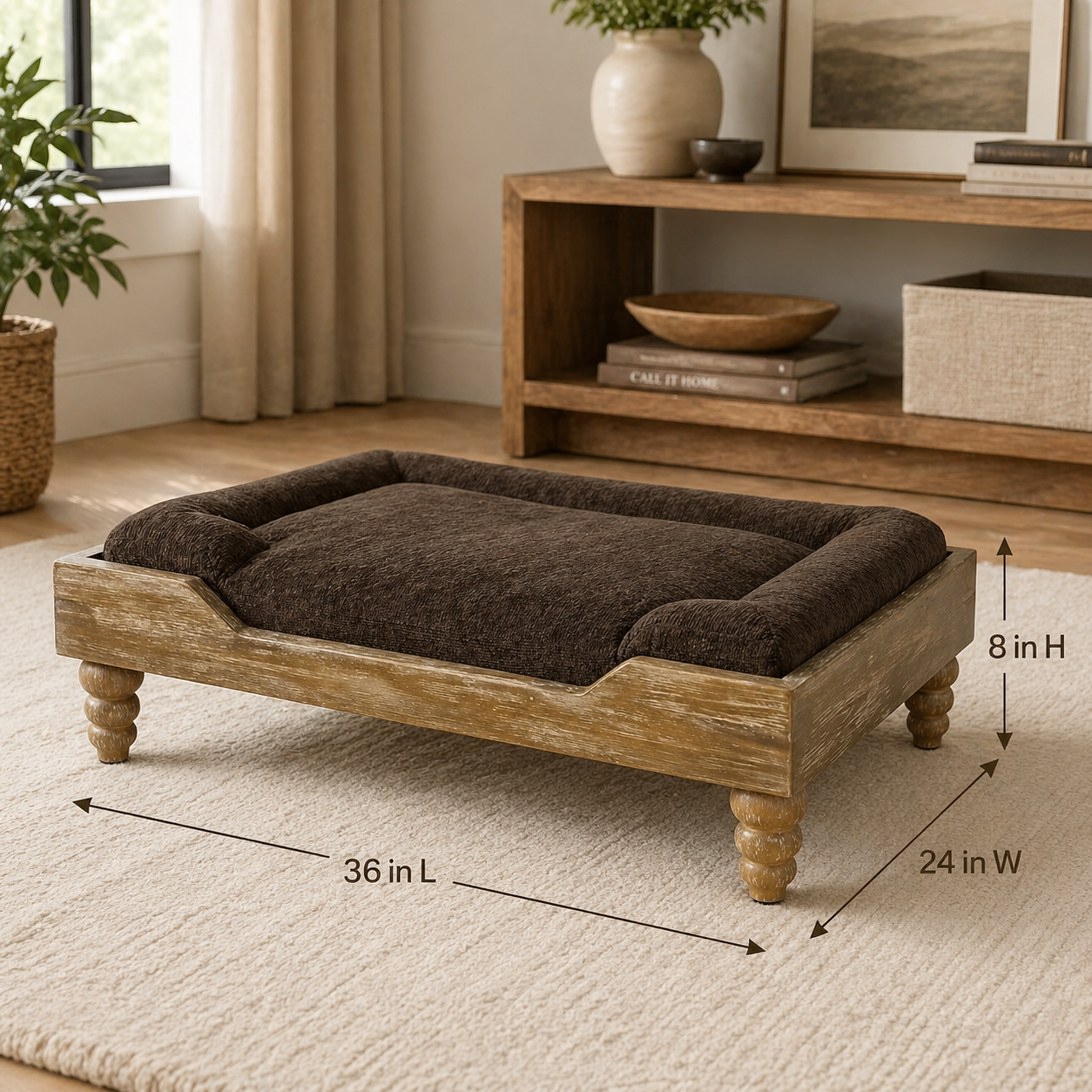 Wooden pet bed with brown cushion in a room setting, showing dimensions.