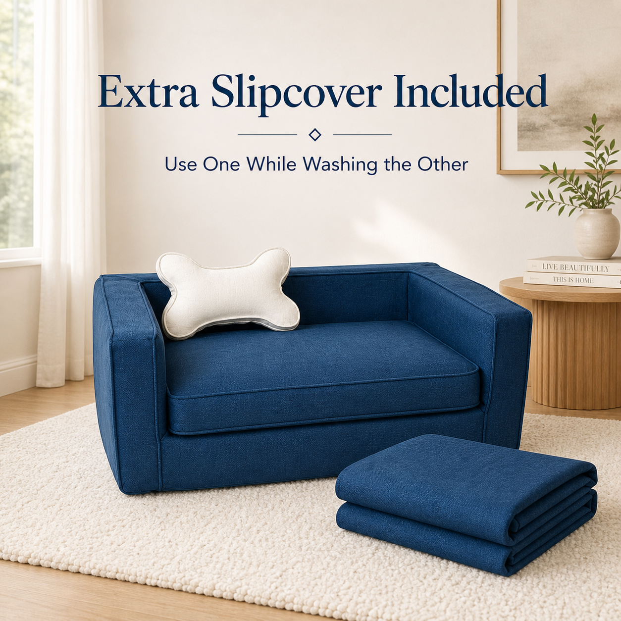 Navy Slipcover Dog Bed - Bolstered Pet Sofa with Washable Cover