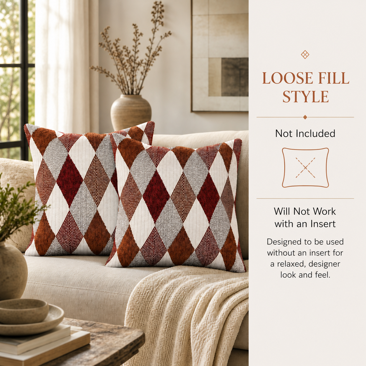 Decorative pillows with a geometric pattern on a couch in a living room setting.