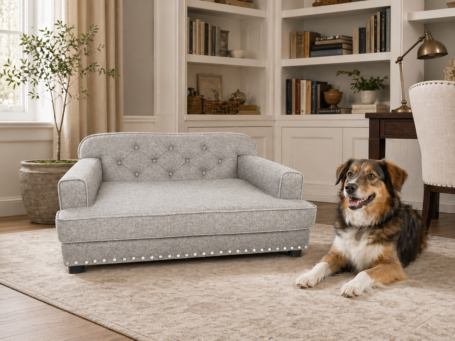Dog sitting on a rug next to a gray sofa in a living room with bookshelves and decor.