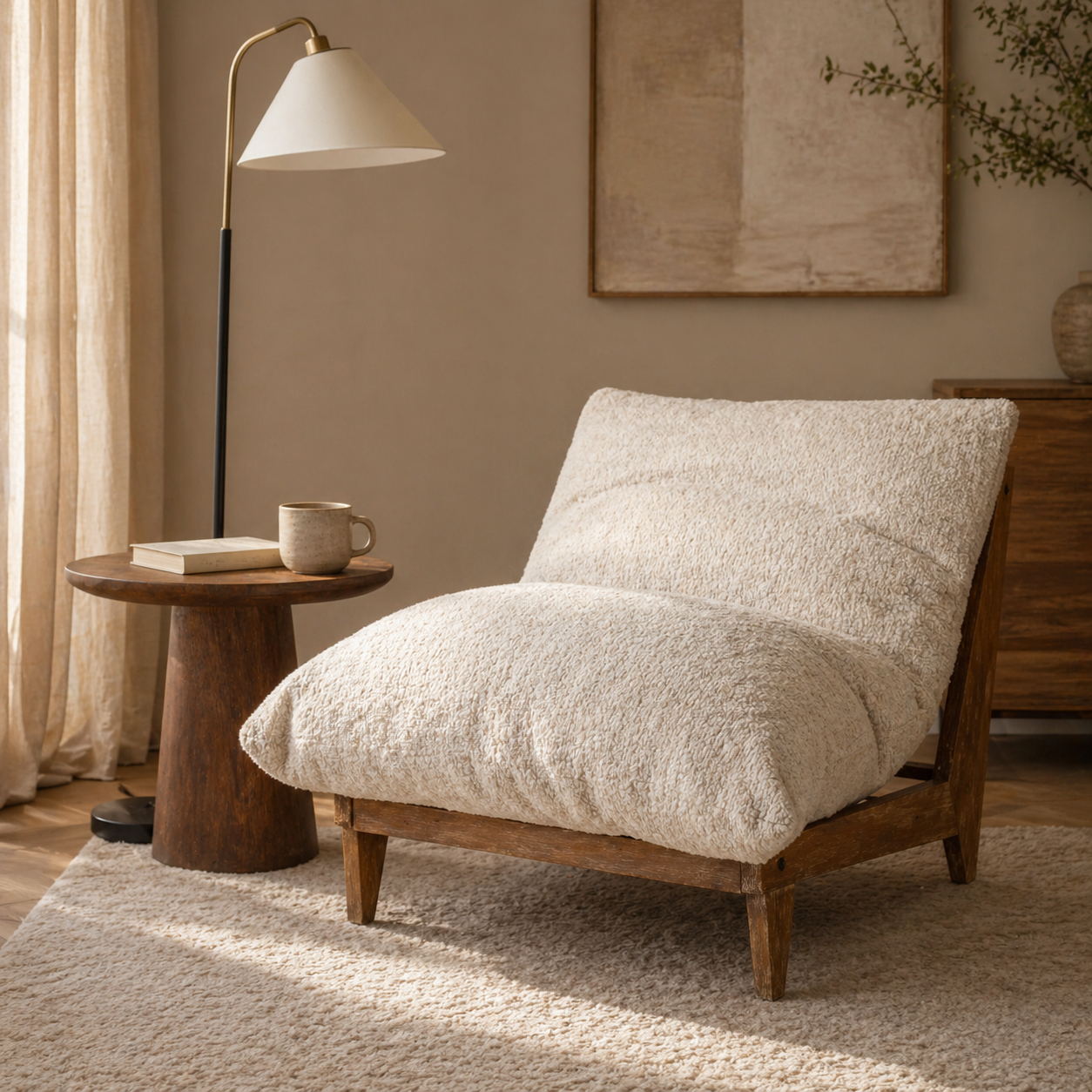 Oversized ivory boucle-style lounge chair with exposed wood frame and plush textured cushion