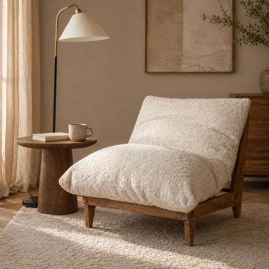 Oversized ivory boucle-style lounge chair with exposed wood frame and plush textured cushion