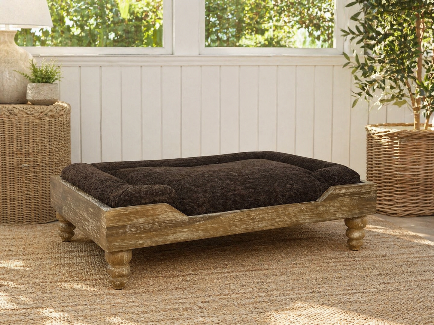 Large Washed Oak Dog Bed | Chocolate Cushion